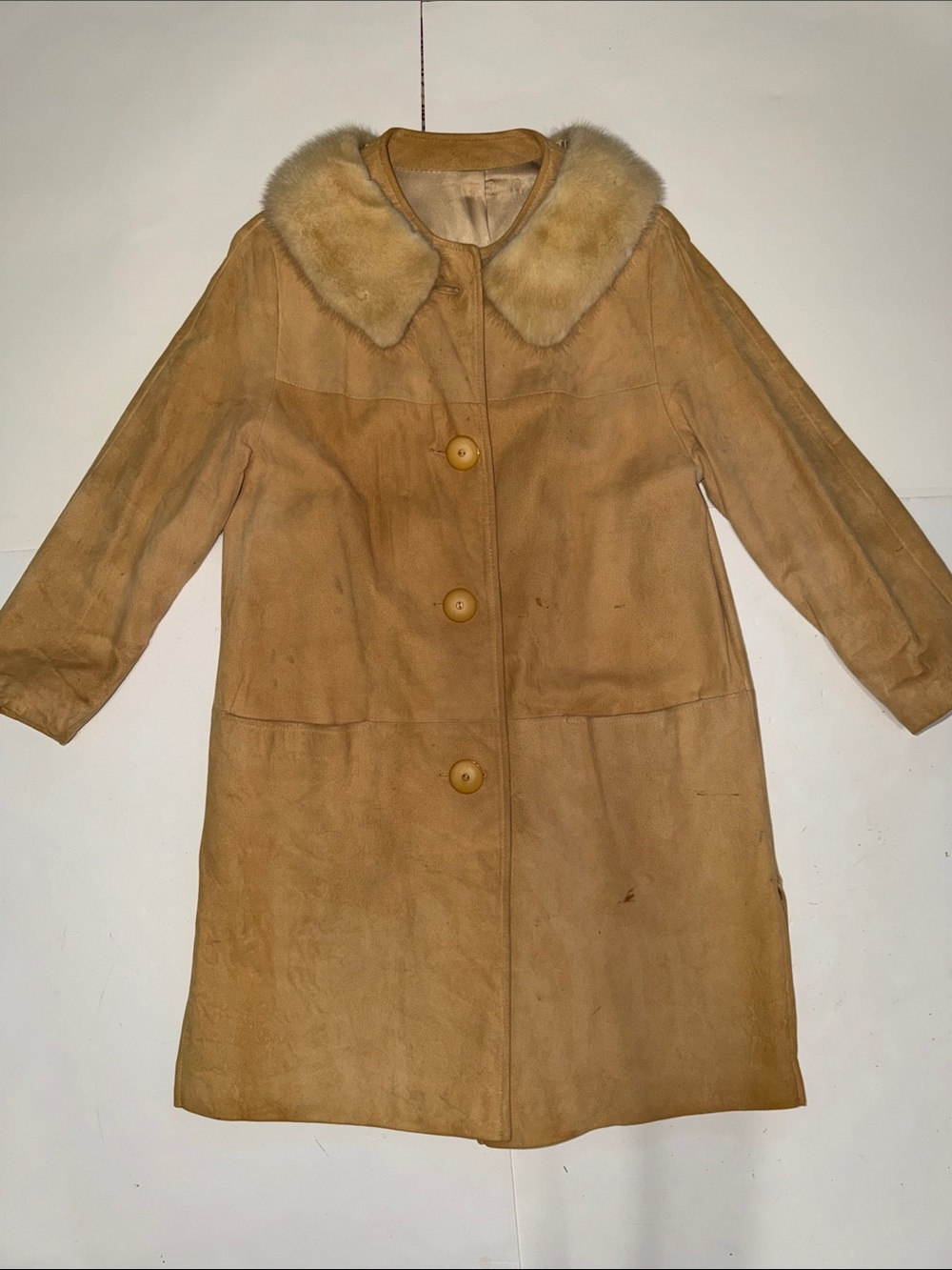 Women's Vintage Tan Suede Trench Coat with Fur Collar